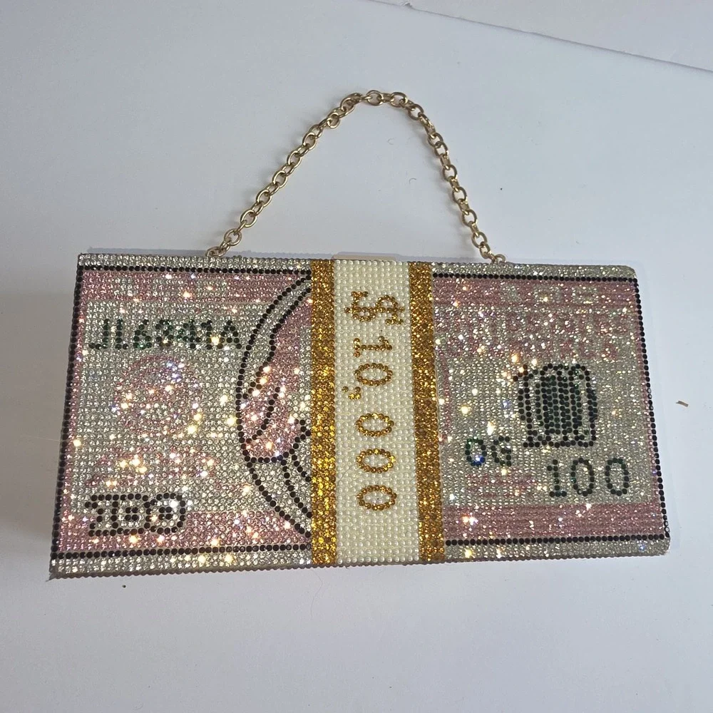 Pink Rhinestone Bedazzled Novelty Money Purse, Clasp Closure,